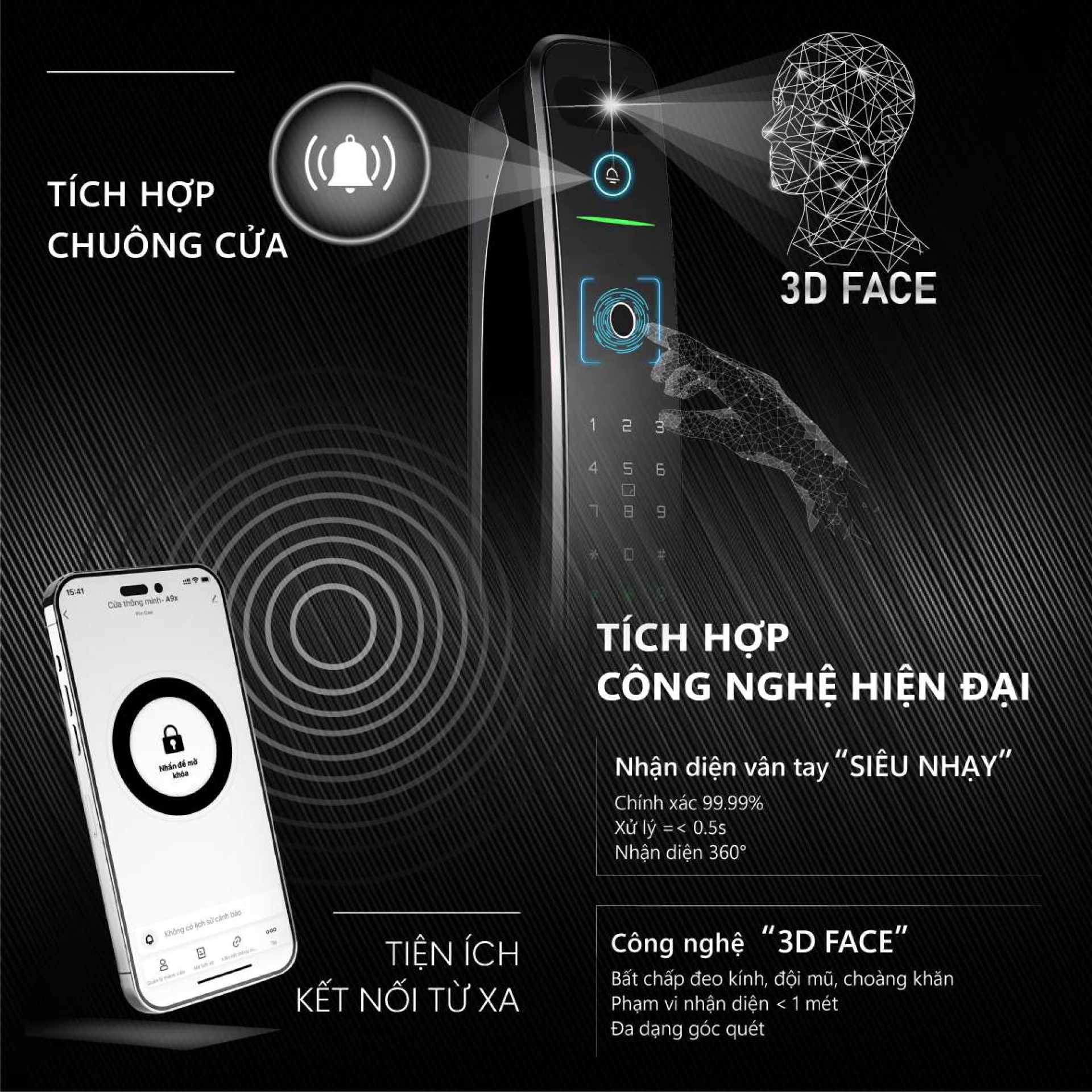 Khóa cửa nhận diện khuôn mặt, vân tay Luxury Tenon A9x_2